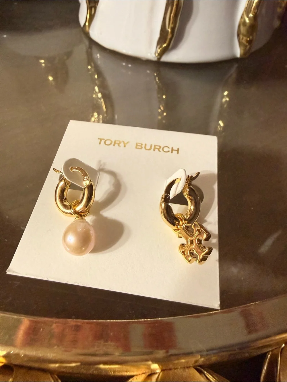 Tory Burch Gold Hoop Earrings with Pearl Drop and Logo Charm